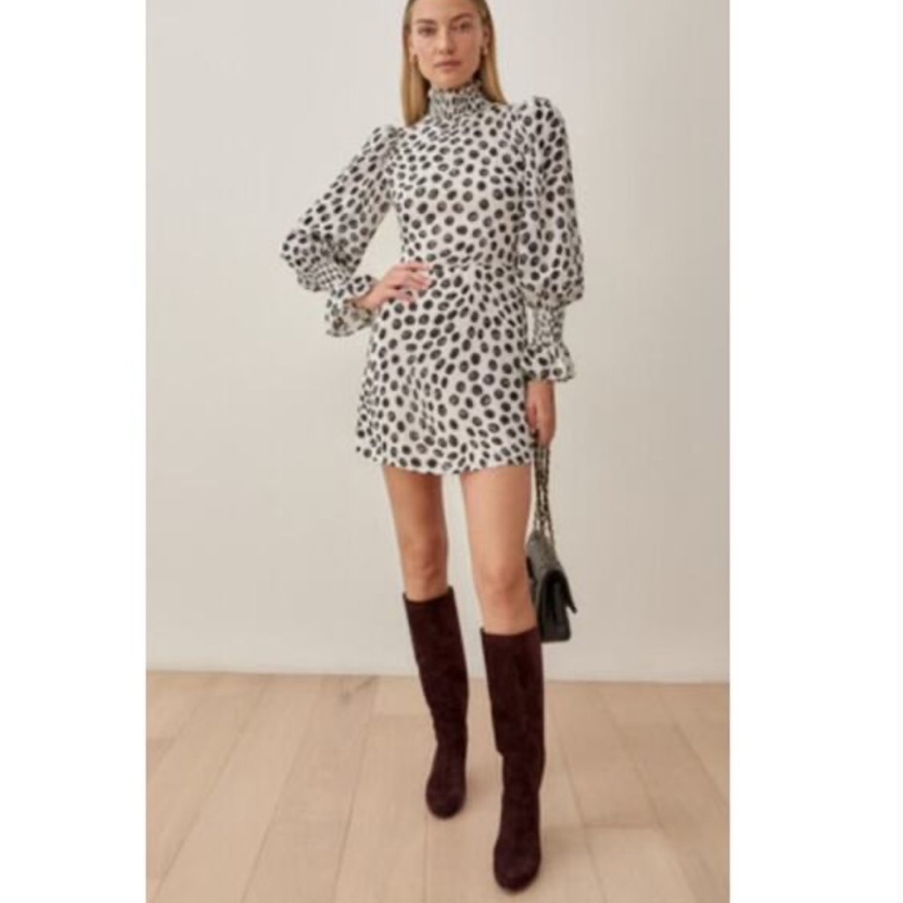 Reformation Archie Mini Dress High Neck in Twist Polka Dot Size 6 Long Sleeve